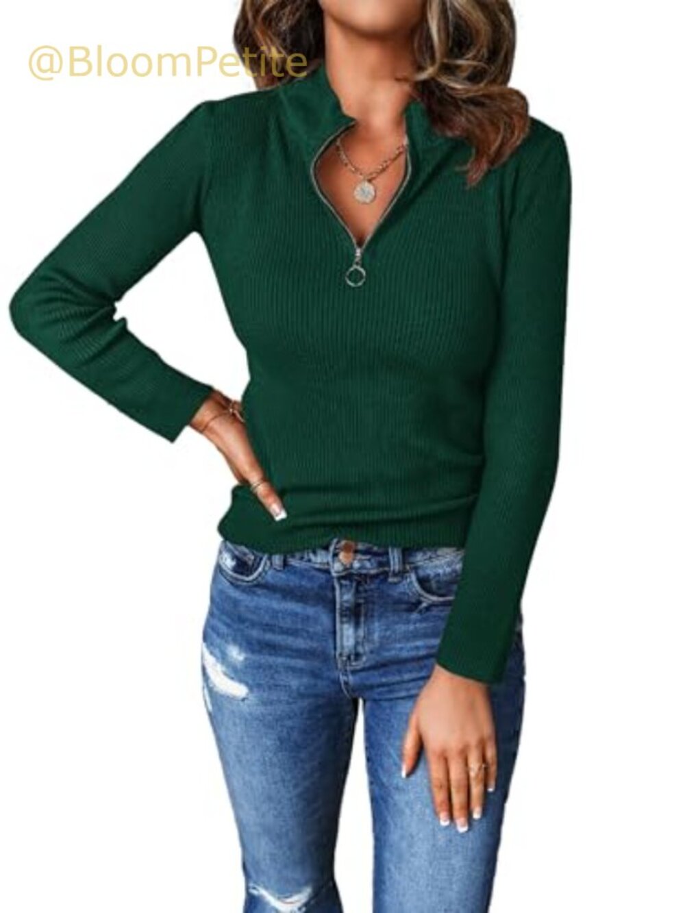 Quarter Zip Mock Neck Rib Knit Fitted Pullover Sweater